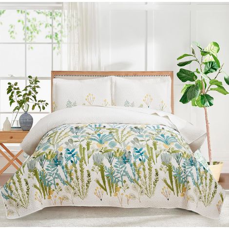 Parure de lit réversible avec Couvre-lit et 2 taies d'oreiller Couvre-lit léger à Motif de Feuilles Vert crête pour Toutes Les Saisons 1 Couette + 2 taies d'oreiller Très Grand lit (1/5)