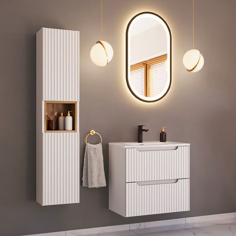 Ensemble meuble simple vasque encastrée 60cm 2 tiroirs et colonne Riva Blanc et Bois (1/5)