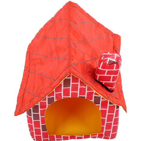 Maison pour animaux pliable avec cheminée en briques rouges, lit-tente amovible et lavable, rouge (1/5)