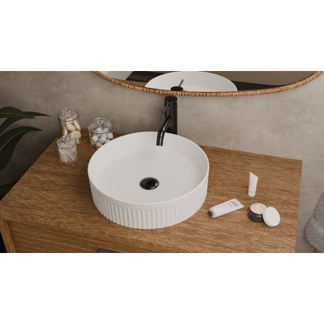 Vasque à poser cannelée BEYOND Ø 40 cm Blanc brillant