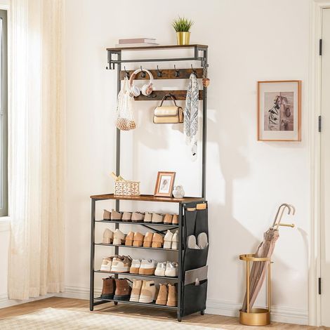 Coat Stand, Coat Rack with Shoe Storage, Hall Tree with Tiltable Mesh Shelves, 4 Removable Hooks, Side Storage Pocket, Shoe and Coat Rack for Hallway, Living Room, HOOBRO EBF75MT01 (1/5)