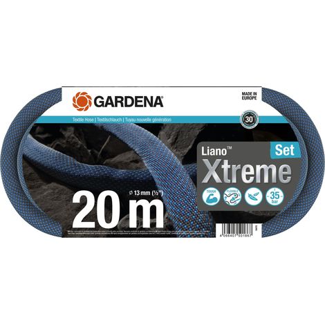 GARDENA Kit tuyau Liano™Xtreme 20m. Kit complet. Tuyau d'arrosage. Léger et très résistant. 13 mm. Pression de rupture 35 bar. Tuyau textile. (18470-20)