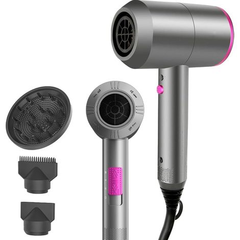 Seche cheveux Durable et Ionique, Séchage Rapide, seche cheveux diffuseur boucle, 2 vitesses et 3 réglages de température, touche air froid, avec 1 diffuseur et 2 concentrateurs (1/5)