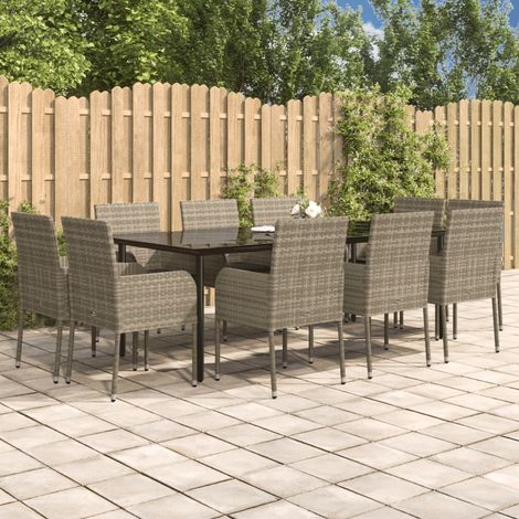11-tlg. Garten-Essgruppe mit Kissen Schwarz & Grau Poly Rattan
