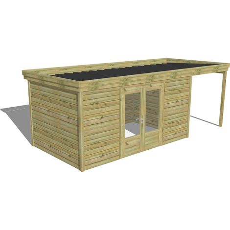 ABRI DE JARDIN bois Pin autoclave 27mm - 6,34x2,64m / 16,7m2 - Bac acier - Abri Français (1/5)