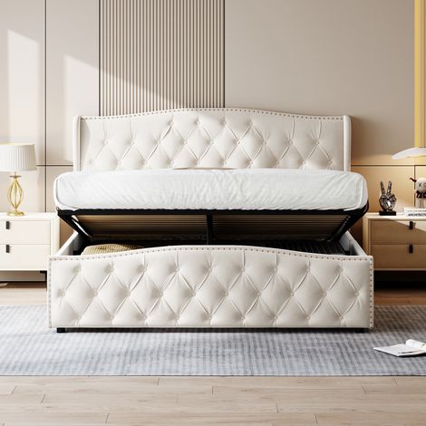 Letto contenitore 160x200 con vano contenitore a gas, letto matrimoniale per adulti in velluto con borchie decorative, stile elegante, Beige