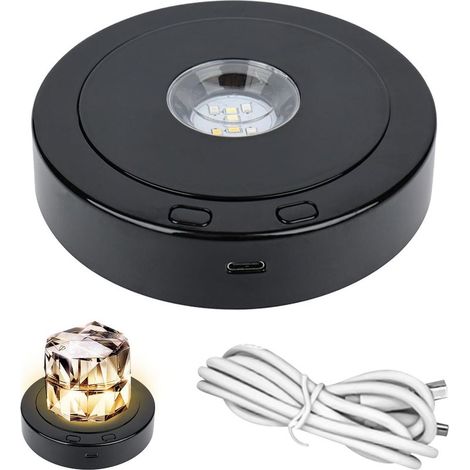 Base lumineuse LED ronde rotative noire, 4 modes rotatifs et 8 modes d'éclairage, base d'affichage rotative à plusieurs couleurs pour statues en cristal, boule de verre, art du verre (1/5)
