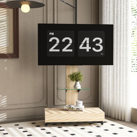 Mobile TV 80x40 cm color legno naturale in MDF e metallo con ruote bloccabili, ripiano in vetro e cassetto (1/5)