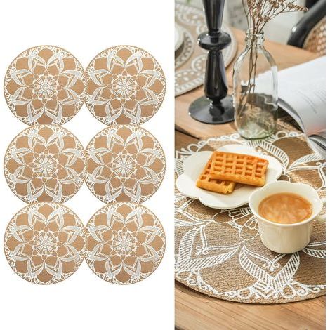 Runde Platzsets mit Bohème-Muster, aus PVC geflochten, 6er-Set, waschbar, hitzebeständig und rutschfest (B) (1/5)