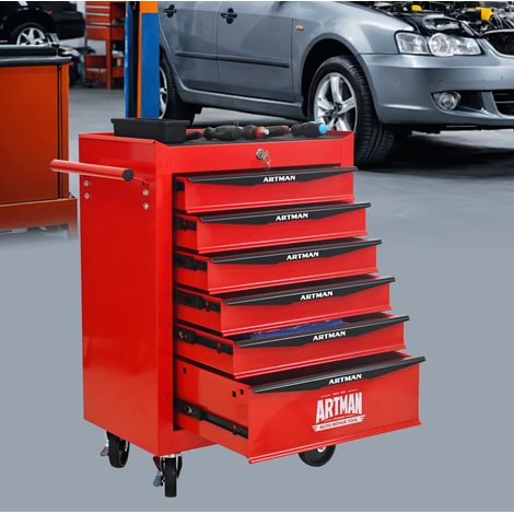 Carro portaherramientas móvil de acero con 6 cajones 52,5 x 33 x 77,5 cm rojo y negro OKWISH (1/5)