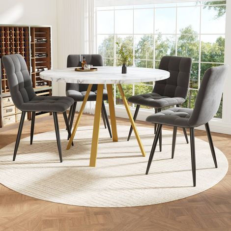 Table à manger ronde 80 cm avec 4 chaises, plateau effet marbre blanc, chaises en velours gris, set pour 4 personnes (1/5)