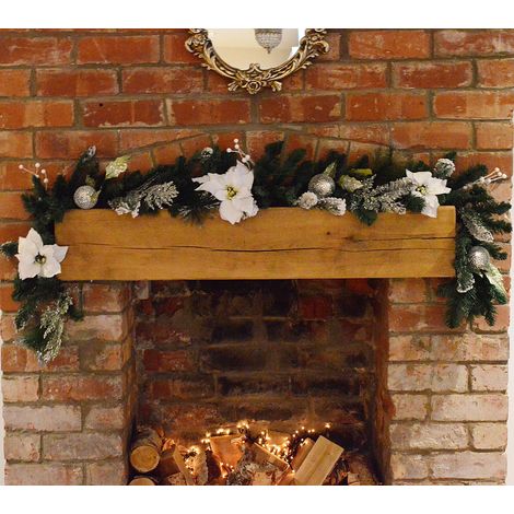 1.8M (6ft) White Poinsettia Christmas Garland Silver Balls Glitter Snow Flocked (1/5)
