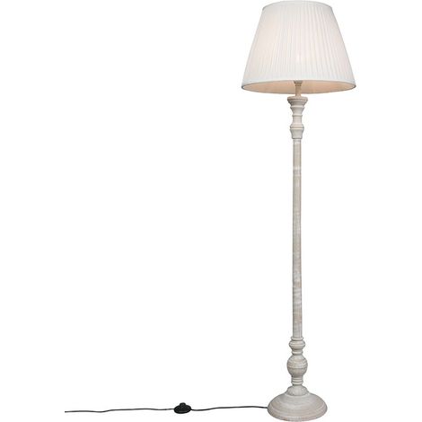 QAZQA Ländliche Stehlampe grau mit weißem Plisseeschirm -