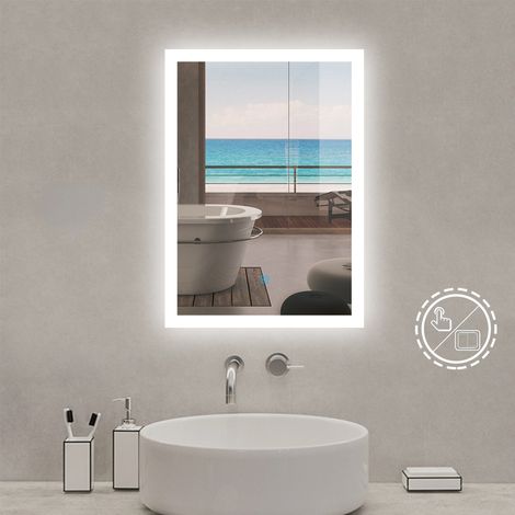 Acezanble Miroir lumineux rectangulaire 50x70cm,3 couleurs + dimmable + anti-buée + mémoire, miroir salle de bain
