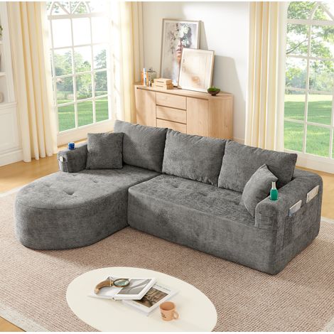 L-förmiges Ecksofa mit hitzebeständigem Edelstahl-Getränkehalter, Seitentaschen und Armlehnen, in Leinen grau (1/5)