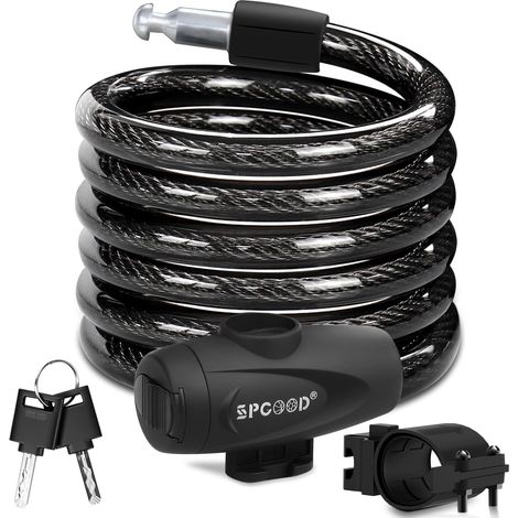 Antivol vélo avec 2 clés, câble en acier de 12 mm, longueur 120 cm Revêtement en PVC, étanche et antirouille, support fixant l'antivol au vélo, convient aux vélo, vélos électriques et scooters (1/5)