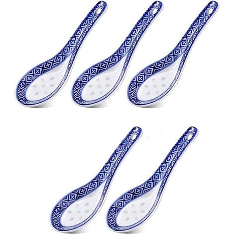 Set di 5 cucchiai in porcellana, cucchiai da zuppa cinesi, cucchiai da zuppa in ceramica, cucchiai da dessert in porcellana blu e bianca, posate da antipasto (1/4)