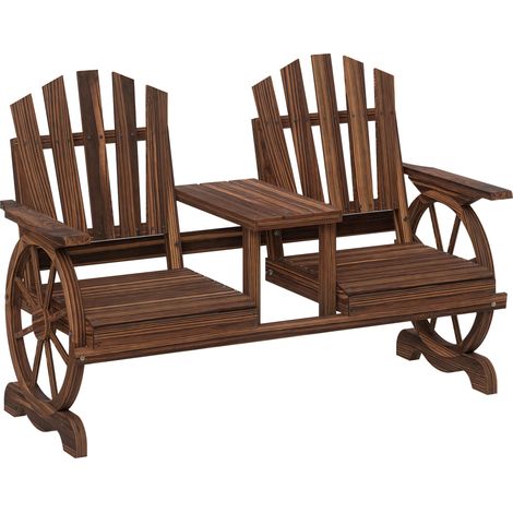 2-Sitzer Gartenbank Holz, wetterfest Sitzbank, mit Schirmloch, Beine im Wagenradform 154 x 65 x 102 cm Verkohlt