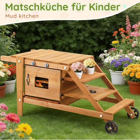 Cuisine enfant extérieure avec roulettes, cuisine à boue en bois naturel, avec accessoires HAVRYA (1/5)