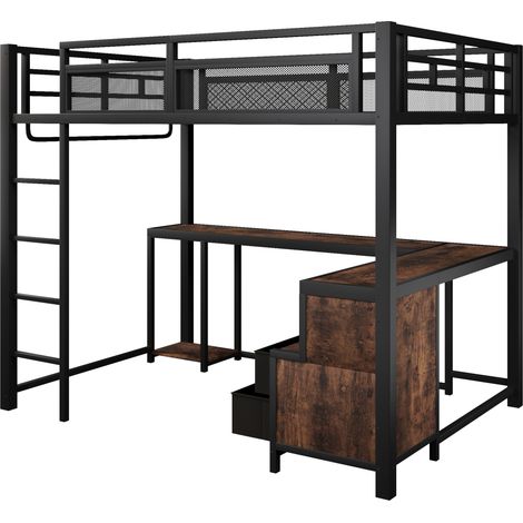 Cama alta de metal 140 x 200 cm negra con LED, USB, escritorio y almacenaje HOMVRA (1/5)