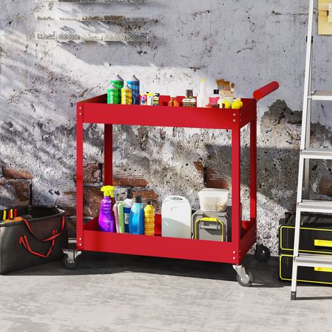 Carrello da officina a 2 ripiani, maniglia laterale e ruote bloccabili, 84,5x38x84 cm, rosso