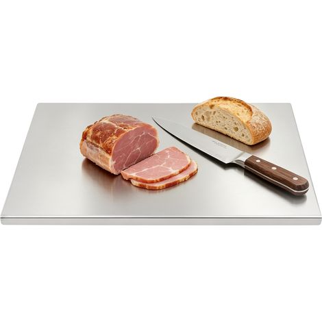 Planche à découper inox 304 avec bord d’arrêt, 70 x 50 cm, double face crus/cuits, pour pétrir la pâte et découper viande, légumes