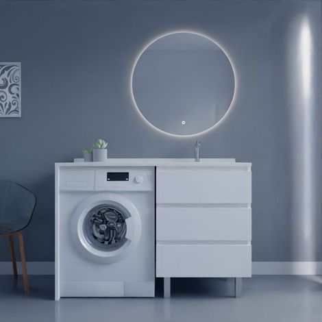 Meuble lave-linge KORA avec plan vasque déportée + Miroir rond Fazzio- Blanc- Vasque à droite