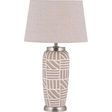 Lámpara de mesita de noche cerámica beige y blanca 48 cm patrón de rayas pantalla de tambor tradicional Traisen