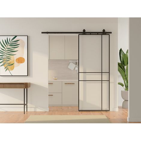 Porta scorrevole con sistema esterno e design asimmetrico in alluminio e vetro temperato - H204 x L83 cm - Nero - SANIVA