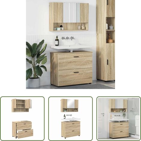 vidaXL Flachspiegel -  Badezimmermöbel-Set 2 pcs Sonoma-Eiche Sperrholz und Metall (1/5)