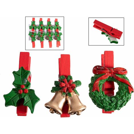 Mollettine da confezione natalizie in legno con decorazione campanelle, ghirlanda e agrifoglio in resina colorata, set da 6 pezzi, cm 3 x 4,5 H