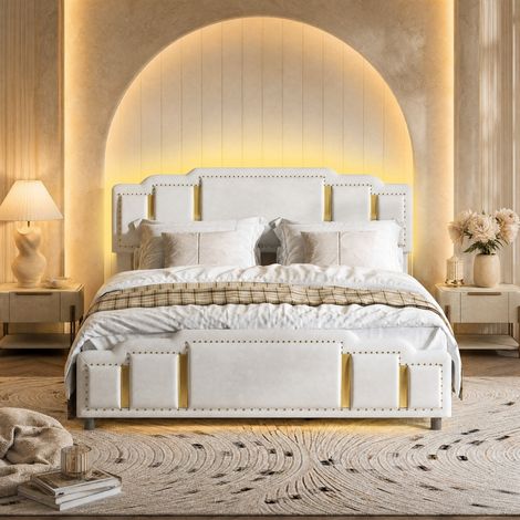 DESMIU Lit coffre 140 × 200 cm 2 places avec tiroirs, LED et rangements, sans matelas, en velours beige (1/5)