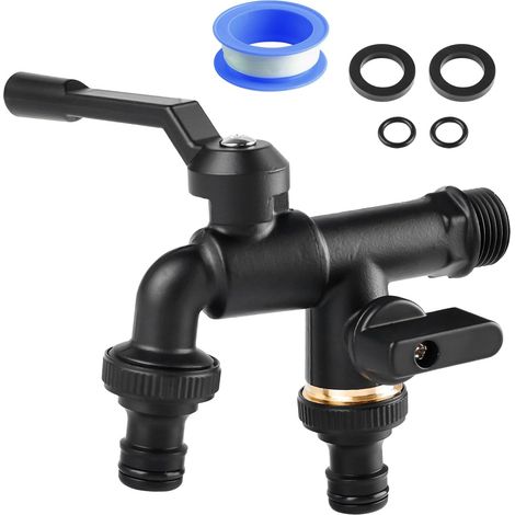 Robinet de jardin 1/2", double robinet en laiton, anti-gel, double robinet avec 2 sorties de 3/4", 1 bande d'étanchéité à rouleau, pour citerne d'eau de pluie extérieure de jardin (1/5)