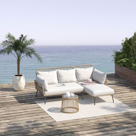 Outsunny Modulares 4-Sitzer-Eck-Gartenmöbelset aus Rattan, Gartensofa mit Couchtisch, inklusive bequemer Kissen, Creme