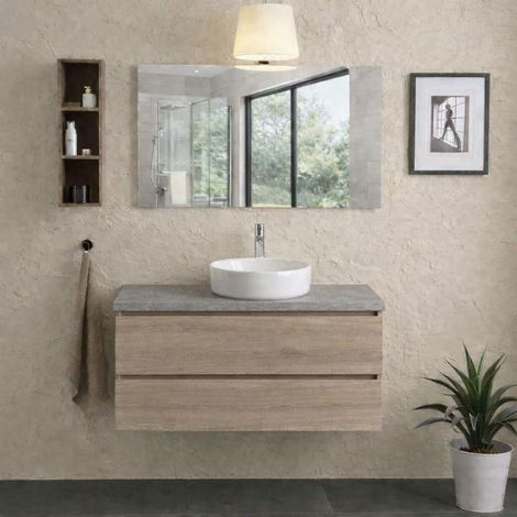 Mobile Bagno Sospeso 100 Cm Casetti Rovere Con Top Beton E Specchio 100X60 Con Lampada Berlin