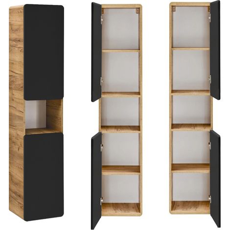 Badezimmer Hochschrank NEW-LUTON in seidenmatt anthrazit mit Wotan Eiche Nb., B/H/T ca. 35/170/32 cm (1/5)