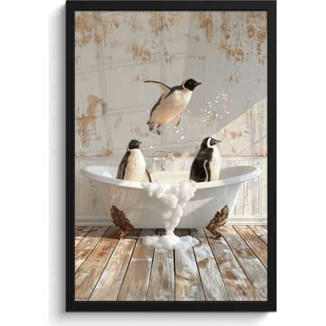 AFFICHE ENCADRÉE Vintage - Pingouin - Baignoire - Mousse Cadre Décoration Murale 40x60 (1/5)