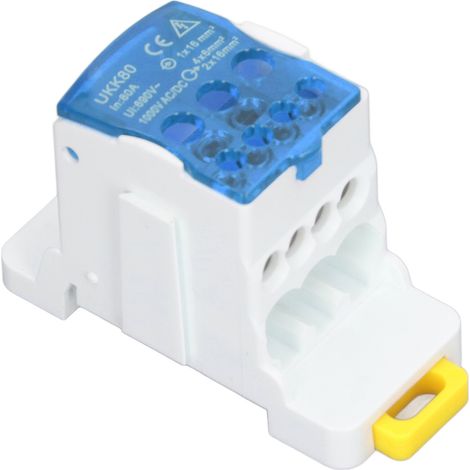 Bloc de distribution rail DIN 690V 80A, bornier de jonction en laiton, boîte de raccordement bleue pour appareils électroménagers. (1/5)