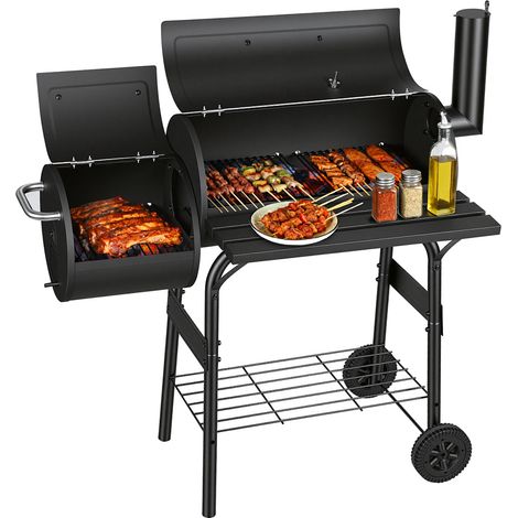 Wolketon Holzkohlengrill mit Grillrost, Grillstation auf Rollen mit 2 Kammern, Grillwagen Gartengrill mit 2 Rädern und Temperaturanzeige