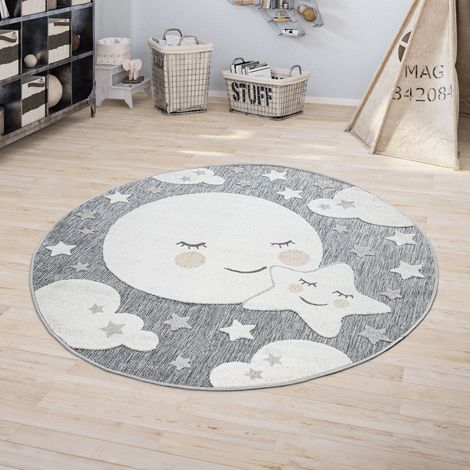 Paco Home Kinderteppich Kinderzimmer Outdoorteppich Rund Spielteppich 3D Effekt Mond Grau Ø 120 cm Rund