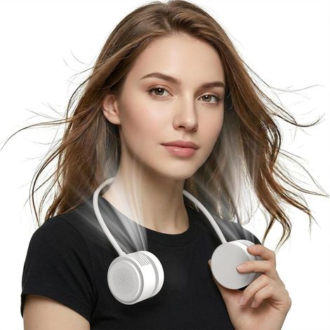 Mini Ventilateur de Cou Portable, 2000mAh Tour de Cou Personnel Mains Libres, 3 Vitesses, Mini Ventilateur USB Portable Compact et Élégant pour Bureau, Voyage, Plage, Camping - Blanc