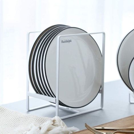Juego de 2 organizadores de platos, metal blanco, almacenamiento vertical, capacidad para 10 platos, cocina, armario, autocaravana. (1/5)
