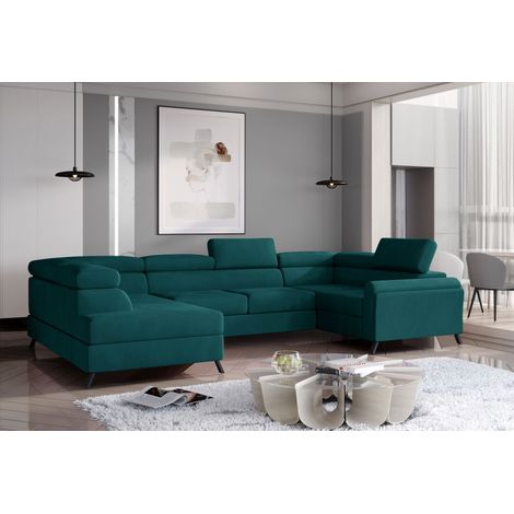 Canapé panoramique convertible SKADA velours – Rangement et appuis-têtes réglables à gauche-Vert anglais-Coffre à gauche (1/5)