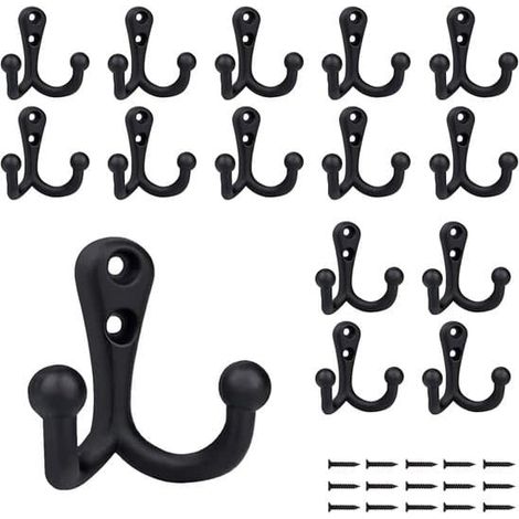 Crochets et étagères de rangementCrochets - Lot de 15 crochets avec vis - Crochets porte-manteaux - Crochets de suspension - Crochets noirs - Crochet mural en métal - Patère - Porte-clés - Porte-servi (1/5)