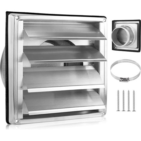 Grille d'Aération en Acier Inoxydable 100mm Grille de Ventilation Carrée avec Moustiquaire Clapet Anti-Retour pour Sortie d'air Hottes Ventilations Conduits d'Échappement (1/5)