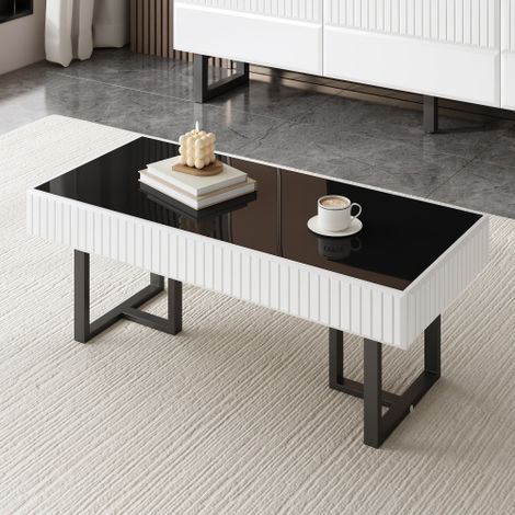 Table basse 110x50,5x41 cm, en MDF, structure en métal, rectangulaire, noir et blanc (1/5)