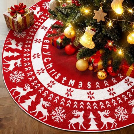 Jupe de Sapin de Noël, 120cm Jupe d'arbre de Noël Tricotée, Décorations de Noel Ronde Flocon de Neige Élan pour Fêtes à Maison et Nouvel, Cache Pied Sapin de Noel, Tapis Rouge (1/5)