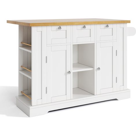 CAIziTable de cuisine mobile 132 cm, style maison de campagne, plan de travail rabattable, meuble multifonction, tiroir, porte-épices, porte-serviettes, 4 roulettes, prise intégrée, cuisine/salle à ma