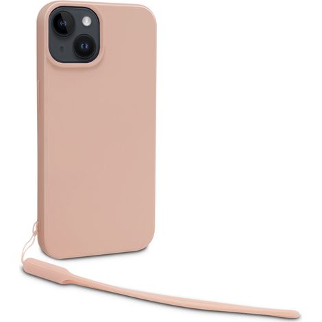 Coque semi-rigide avec dragonne amovible pour iPhone 15 Plus - Rose poudré (1/2)