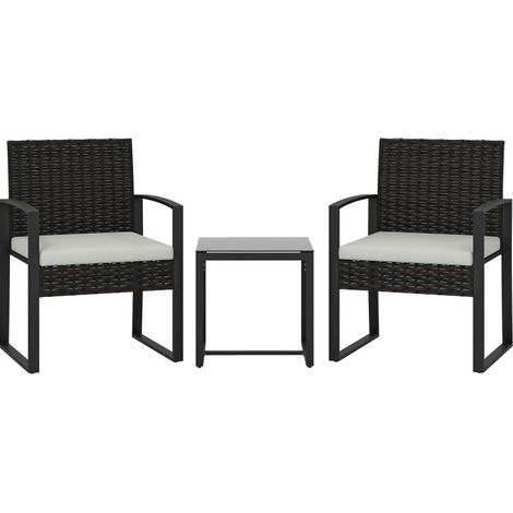 Salon de jardin 2 places en résine tressée, 3 pièces avec 2 fauteuils et table basse, coussins déhoussables, gris crème, idéal balcon terrasse  CHICFURN (1/5)